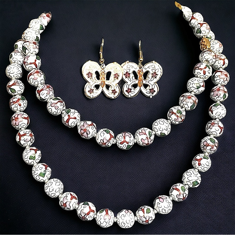 VTG Chinese Cloisonne Hand Knotted Enamel Flower Bead Necklace with Earrings